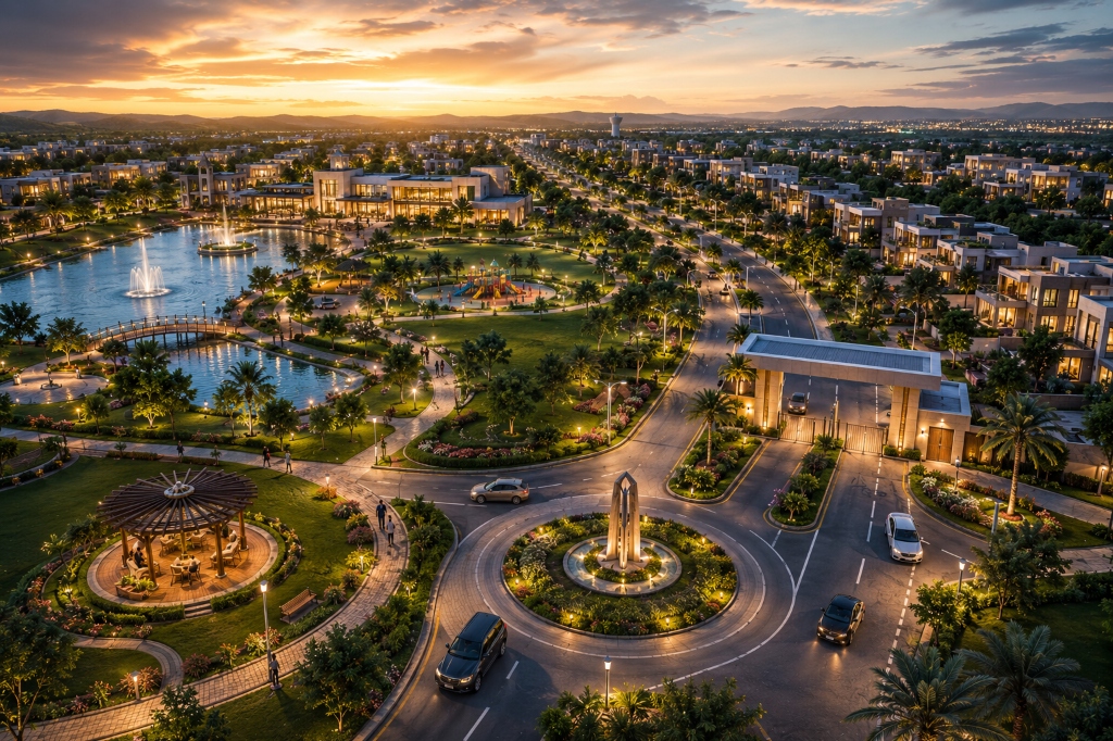 Aerial sunset view of a planned residential community in Peshawar with illuminated homes, landscaped greenery, and a lake with fountains